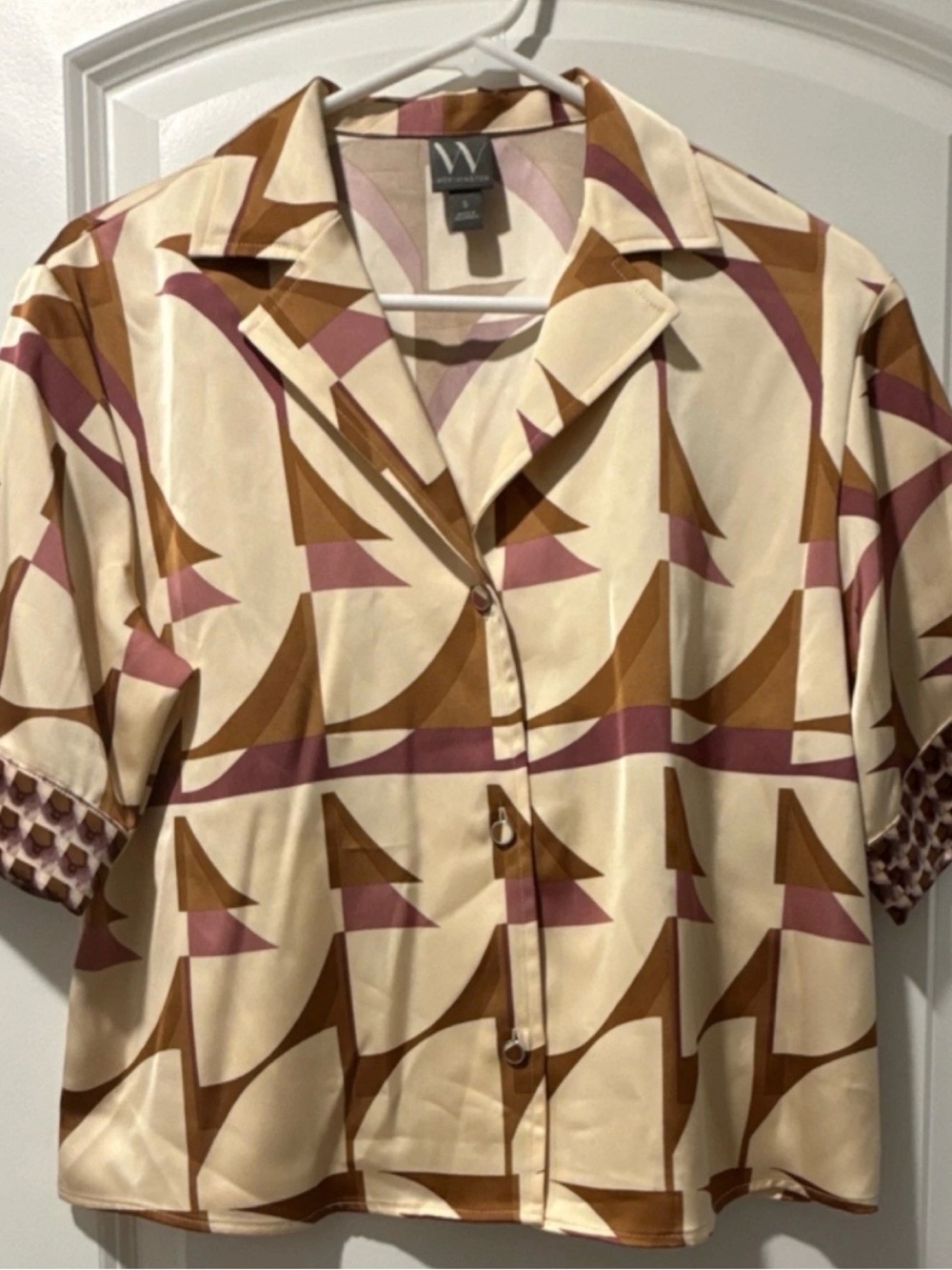W by Worth Cream Geometric Short-Sleeve Button Shirt